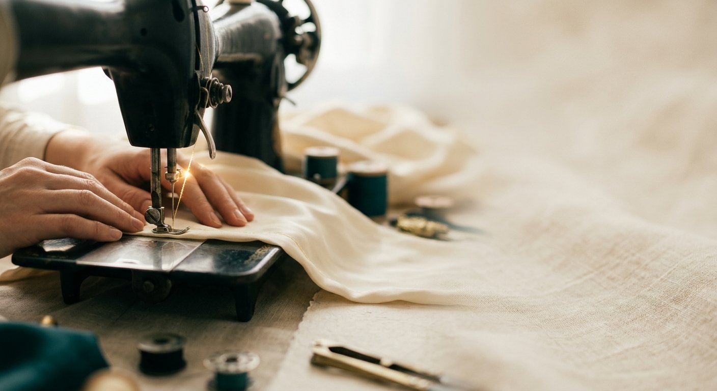 Hands guiding cream silk under the needle of a vintage sewing machine, a strand of gold thread catching the light