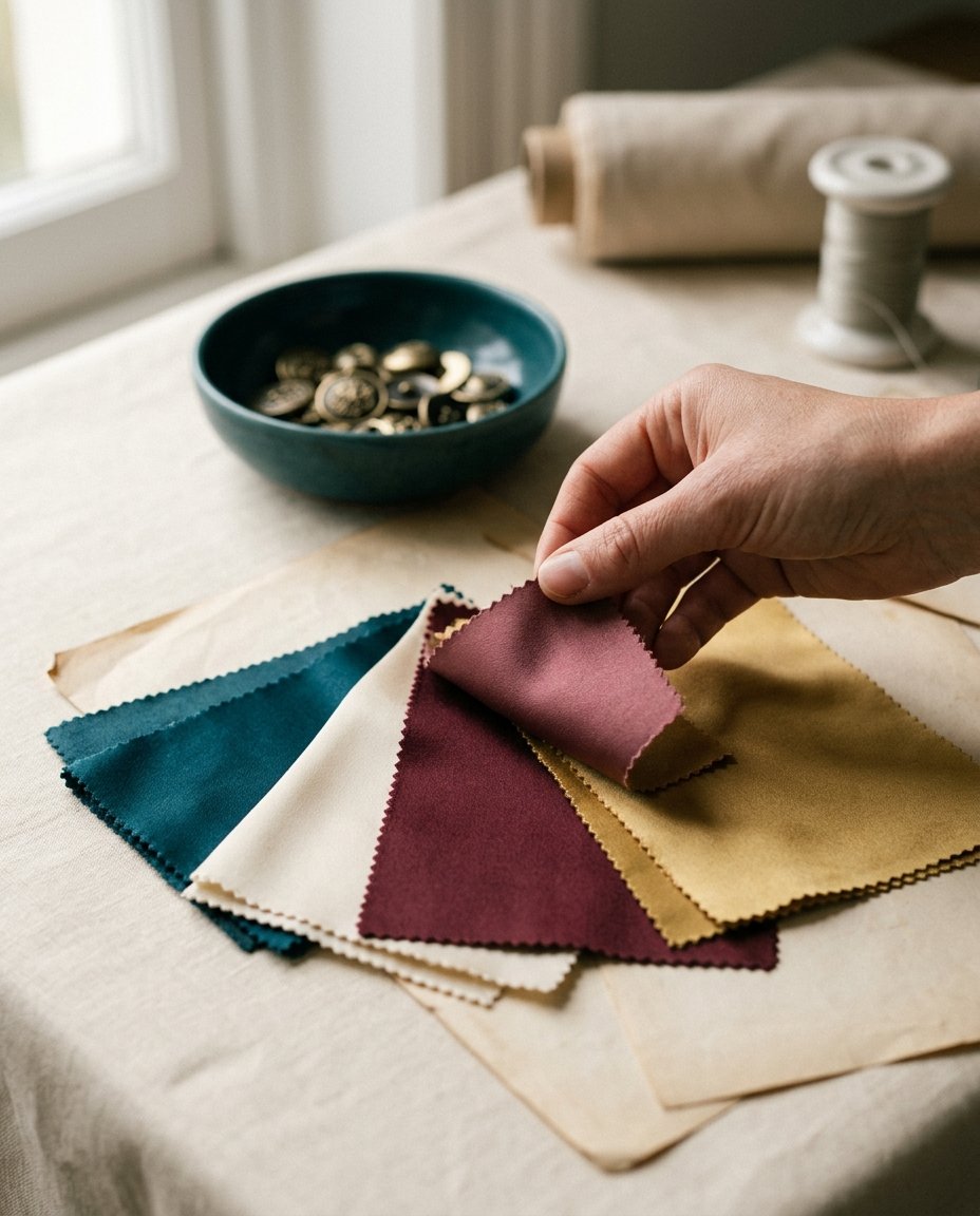 A fan of silk swatches in teal, cream, maroon and gold